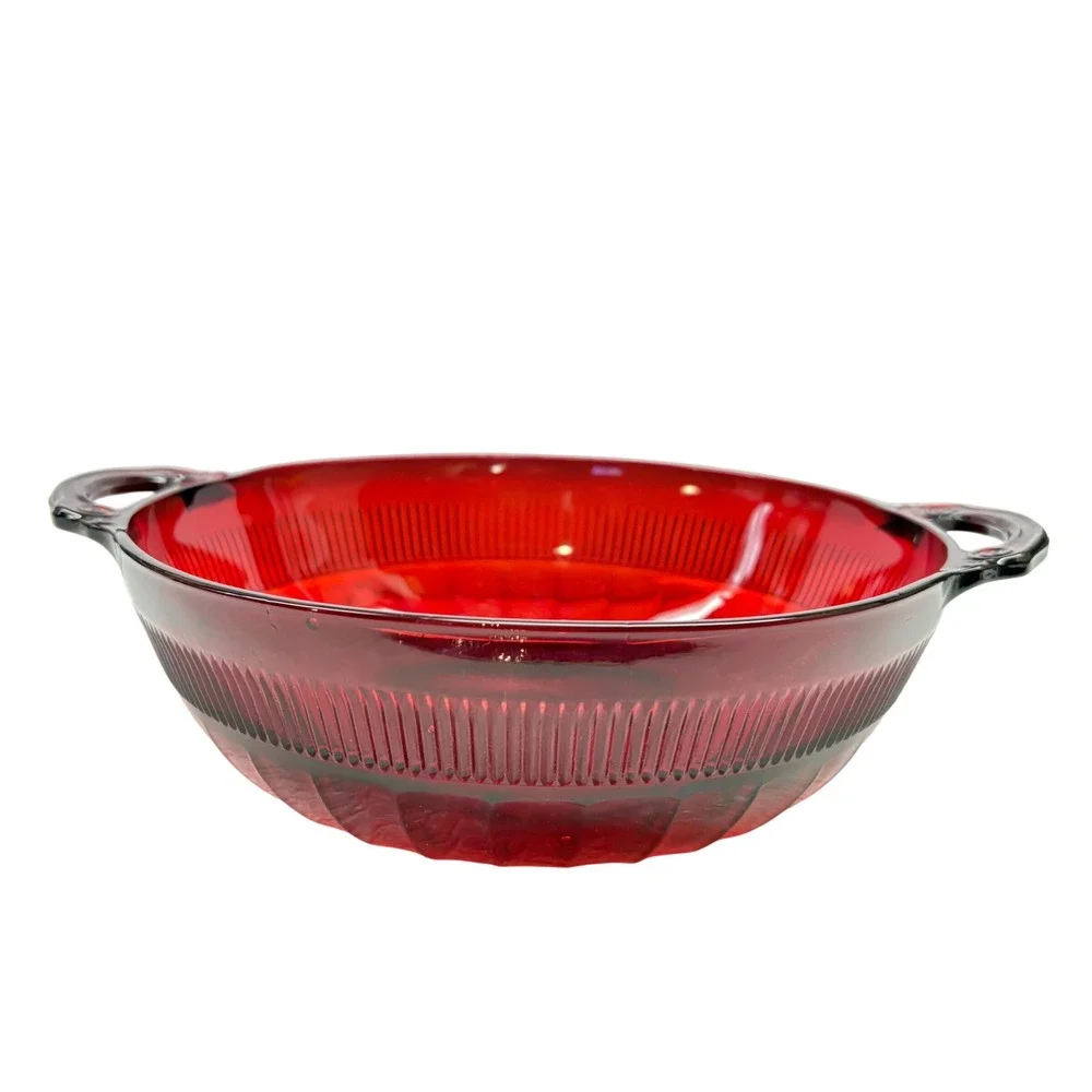 Vintage Anchor Hocking Coronation Ruby Red‎ Glass Handled Serving Bowl 8 inch